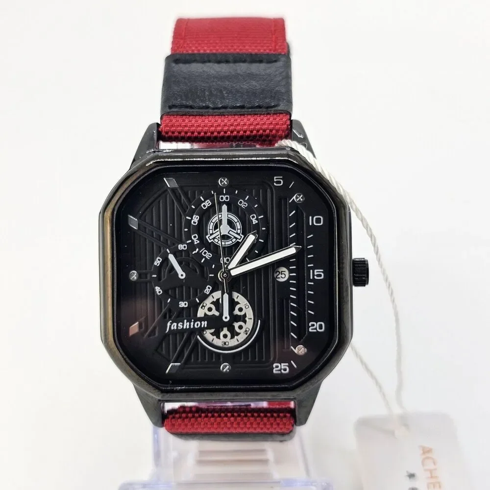 Men's Minimalist Watch 42MM Black Dial Date Indicator Black Red Canvas Bands